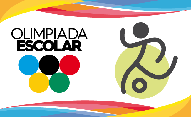Em um fundo branco, à direita, um desenho em linhas de um boneco e uma bola. À esquerda, o escrito "Olímpiada Escolar" 