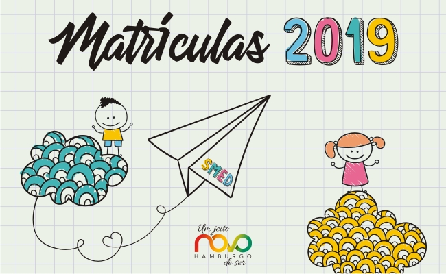 Em um fundo branco, o desenho de um avisão de papel e duas crianças com o escrito Matrículas 2019