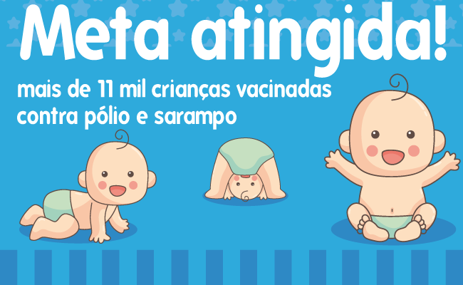 Com um fundo azul claro, três desenhos de bebês e escrito em letras brancas "Meta Atingida"