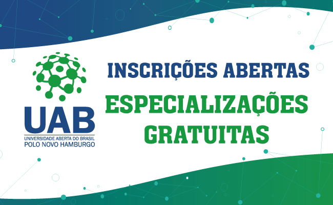 Em um fundo branco, à esquerda o logo da UAB e escrito "Inscriçoes abertas - Especializações gratuítas"