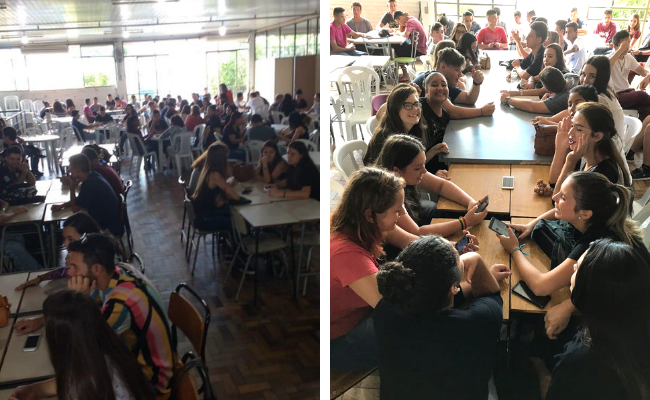 Duas fotos com pessoas sentadas em cadeiras em uma grande sala