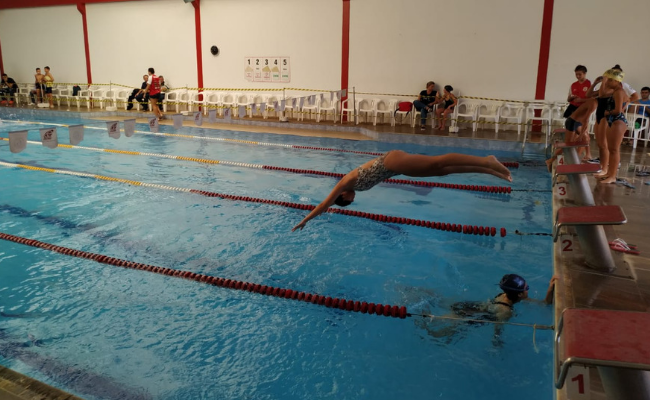 Em um piscina olímpica, menina pula com o corpo esticado na água da raia de largada