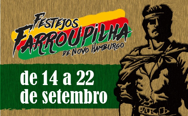 Escrito em preto "Semana Farroupilha" com litras amarela, verde e vermelha atrás. À direita, a imagem em preto de um gaúcho. Abaixo, escrito em branco, de 14 a 22 de setembro, em um fundo vermelho