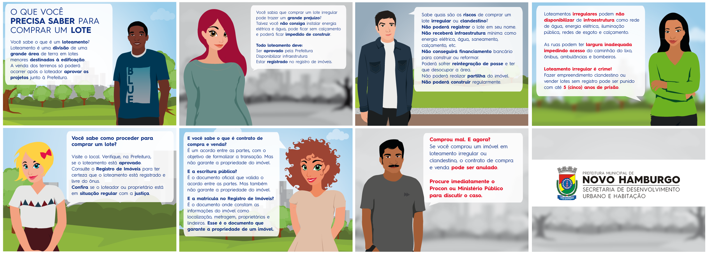 Ilustração com personagens dizendo o que você precisa saber para comprar um lote