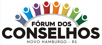 [DESCRIÇÃO] FÓRUM DOS CONSELHOS - O Logotipo tem na parte superior uma meia lua cinza. Acima dela, oito bonecos de meio corpo estilizado, cada um de uma cor, com os braços para cima. Abaixo, em três linhas, FÓRUM DOS CONSELHOS (destaque para CONSELHOS), Novo Hamburgo - RS. [FIM DA DESCRIÇÃO]