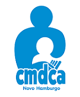 [DESCRIÇÃO] CMDCA - O logotipo tem a figura simples de um boneco azul abraçando um boneco branco vazado. Abaixo a sigla CMDCA, em minúsculo e Novo Hamburgo. [FIM DA DESCRIÇÃO]