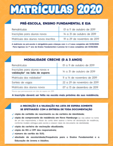 Cartaz com informações sobre Matrículas 2020